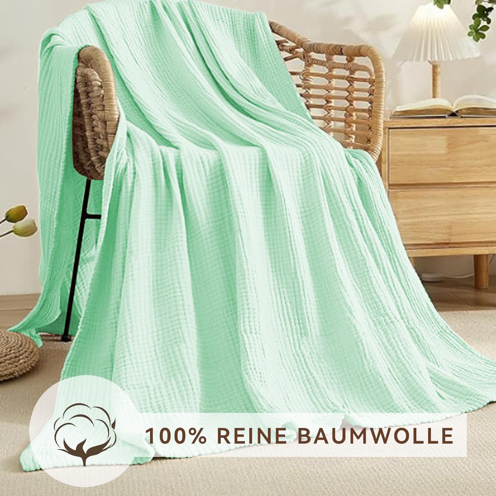 Musselin Decke 150x200 cm – 100% Baumwolle, 6-Lagige Weiche Sommerdecke, Atmungsaktive Dünne Kuscheldecke für Bett & Sofa, Tagesdecke Couch Überwurf (Hellgrün)