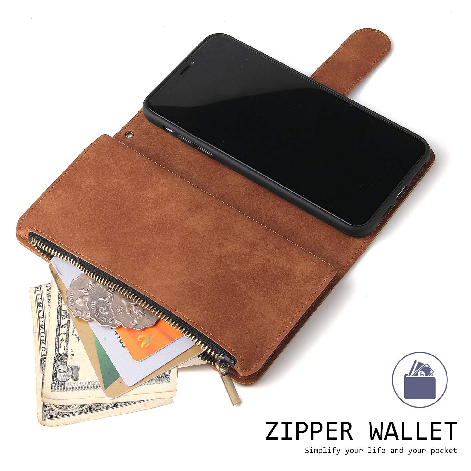 UEEBAI Custodia Portafoglio Per IPhone 11 6.1" - Pelle Vintage Marrone, Con Cerniera, Slot Per Carte E Cinturino Da Polso