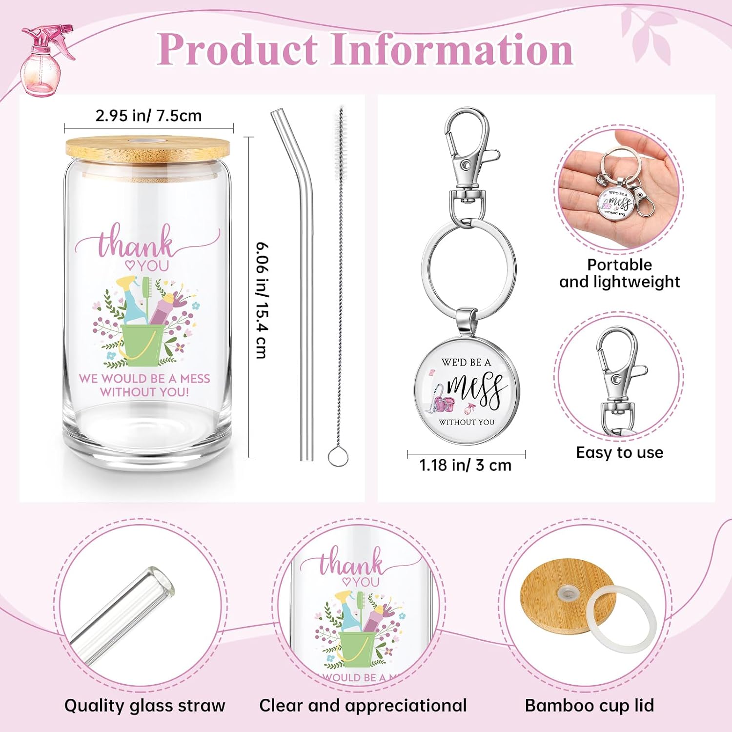 Havawish 3 Pcs Housekeeping Week Gift 16oz Glass Cup Makeup Bag Keychain
