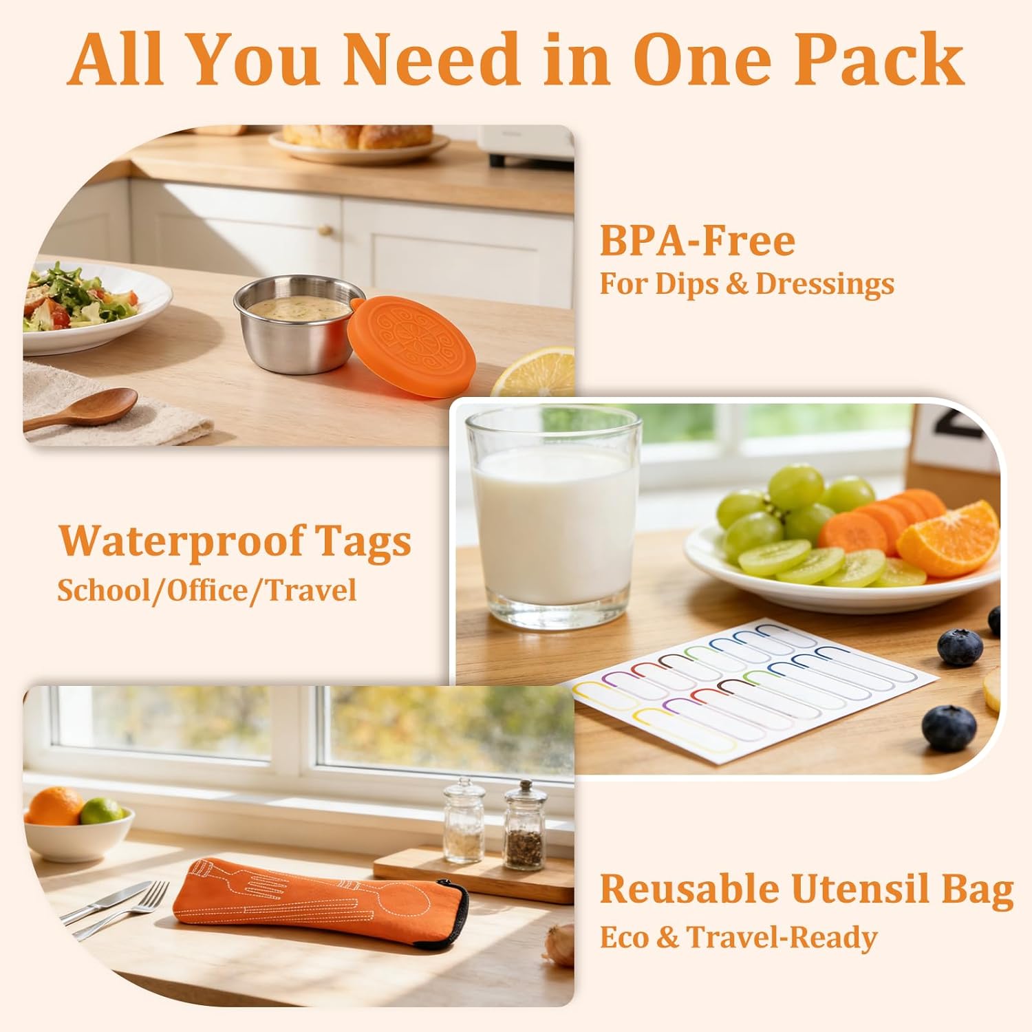 Qtencas 3 Pack Stainless Steel Snack Containers with Lid, Sauce Cups, Utensil Bag & Name Labels, Reusable 3 Compartment Snack Containers Metal Bento Box for Office Home Travel Gym