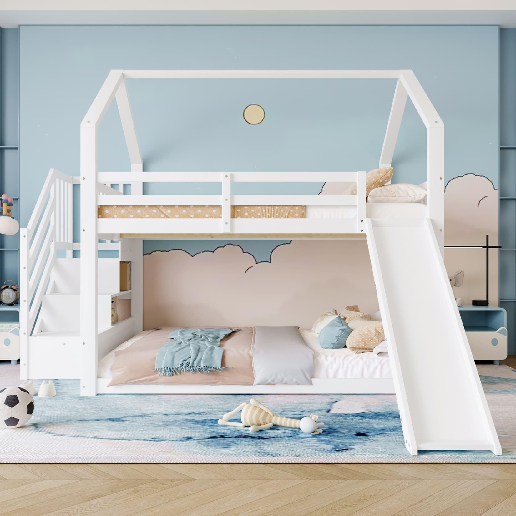 PUGSDRLY Lit Superposé Enfant 140x200cm avec Toboggan Installé Gauche ou Droite,Lit Cabane Enfant avec Escalier de Rangement,Cadre de Superposés pour Enfant et Adolescent (Blanc, 140)