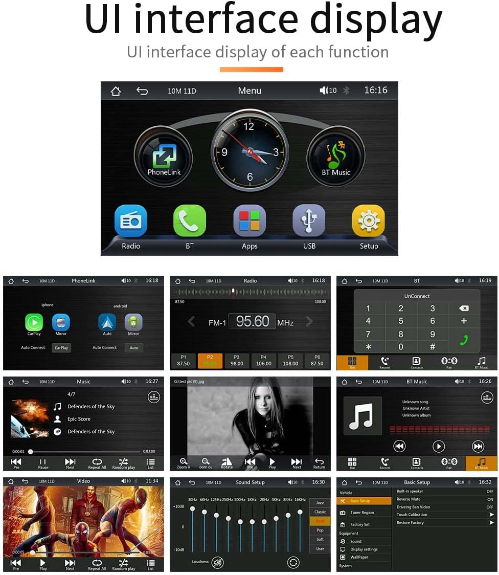 User Interface (UI) display of the car MP5 player showing various functions like Phone-Link, BT Music, Radio, BT, Apps, USB, Setup, and media playback screens.