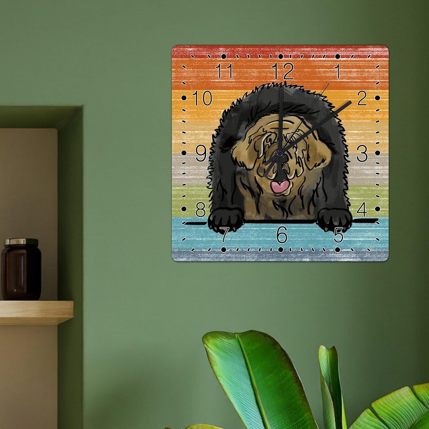 Watercolor Peeking Dog Mom Pet Clocks Tibetan Mastiff Rainbow Wooden Wall Clocks Battery Operated Wood Clock Lesbian Dog Mom Gift Wooden Decorative Wall Clock for Bedroom 15x15in