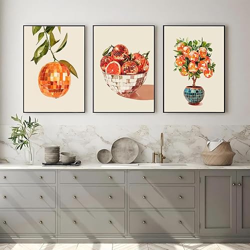 Miniatura 7 de 3 piezas de arte de pared retro de discoteca naranjas, fotos de decoración de pared de chicas funky preppy, imágenes de moda, glamuroso, fruta,