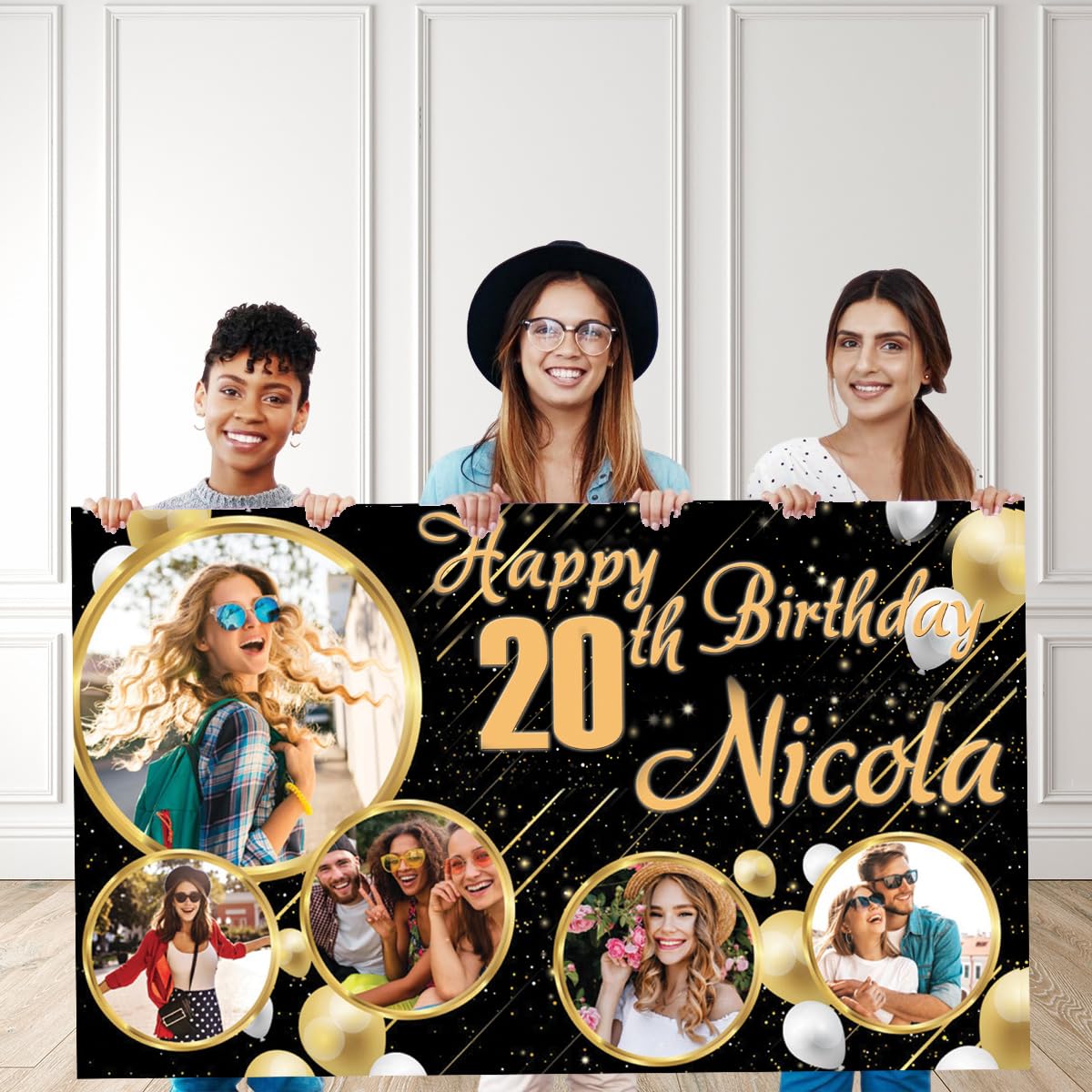 Personalised outdoor birthday banner Photos gold black party celebration stars balloons event decoration poster any age,any name
