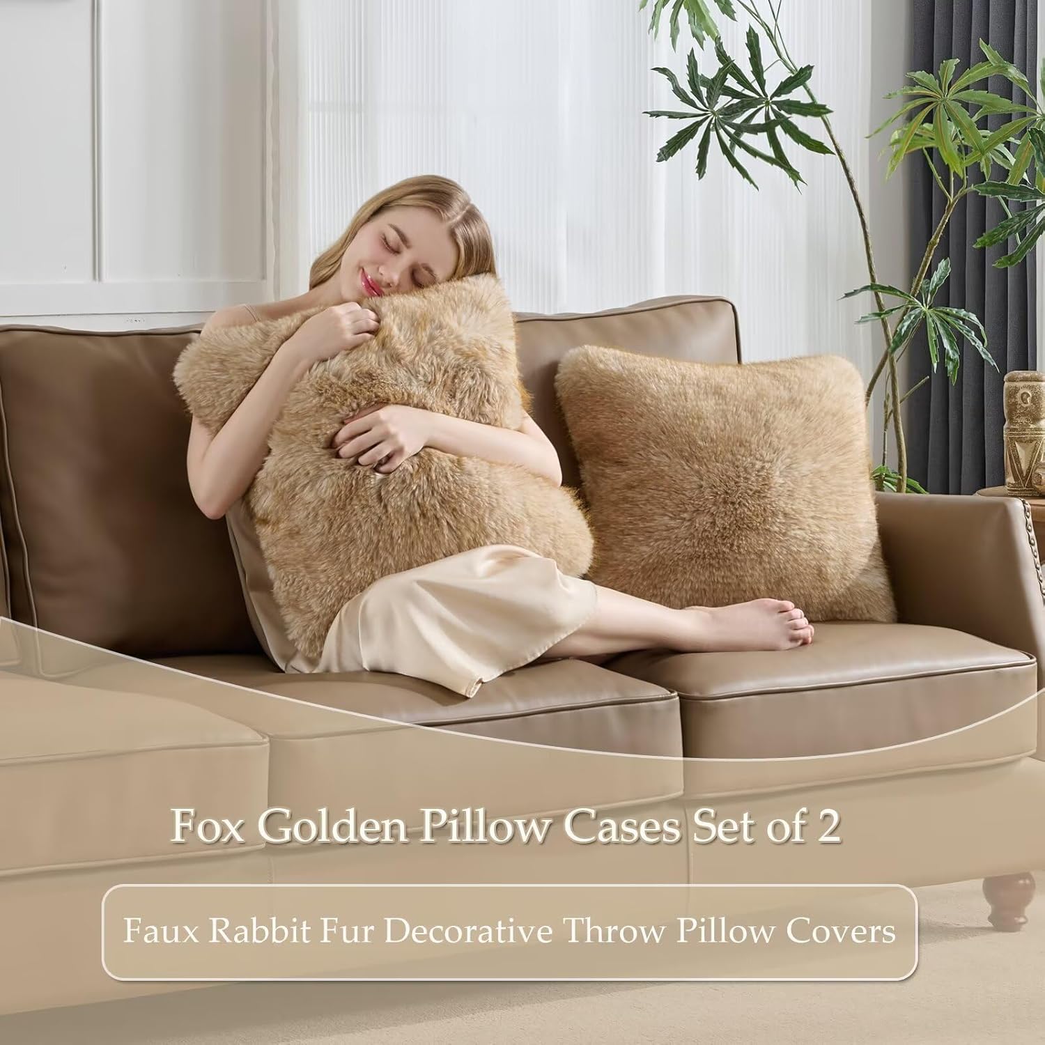 Decorative Throw Pillow Cover 24x24 Inch Set of 2,Super Soft Luxury Fluffy Fox Golden with Brown Tipped Cushion Case for Couch Sofa Bedroom Living Room Cushion Covers-Fox Golden