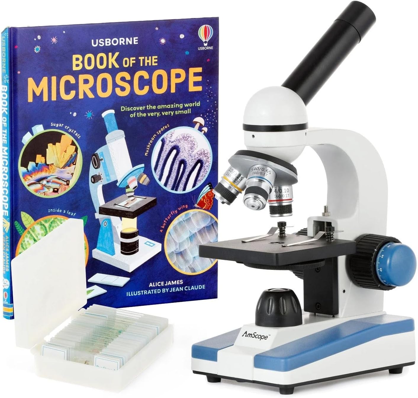 AmScope - 40X-1000X Compound Monocular Student Microscope Set + Slide Preparation Kit + Science Experiment Cards - M150C-SP14-EXCL1