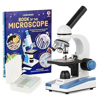 AmScope M150C-PS25-WM Compound Monocular Microscope, WF10x and WF25x Eyepieces, 40x-1000x Magnification, LED Illumination, Brightfield, Single-Lens Condenser, Coaxial Coarse and Fine Focus, Plain Stage, 110V, Includes Set of 25 Prepared Slides and Book