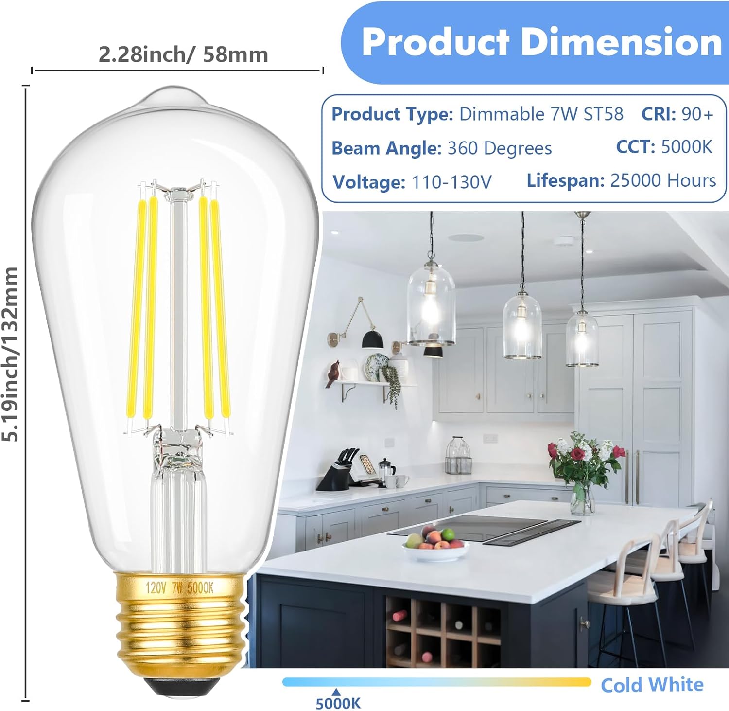 A Kondras ST58 LED bulb with dimensions labeled: 2.28 inches (58mm) width and 5.19 inches (132mm) height. Product specifications are listed next to it.