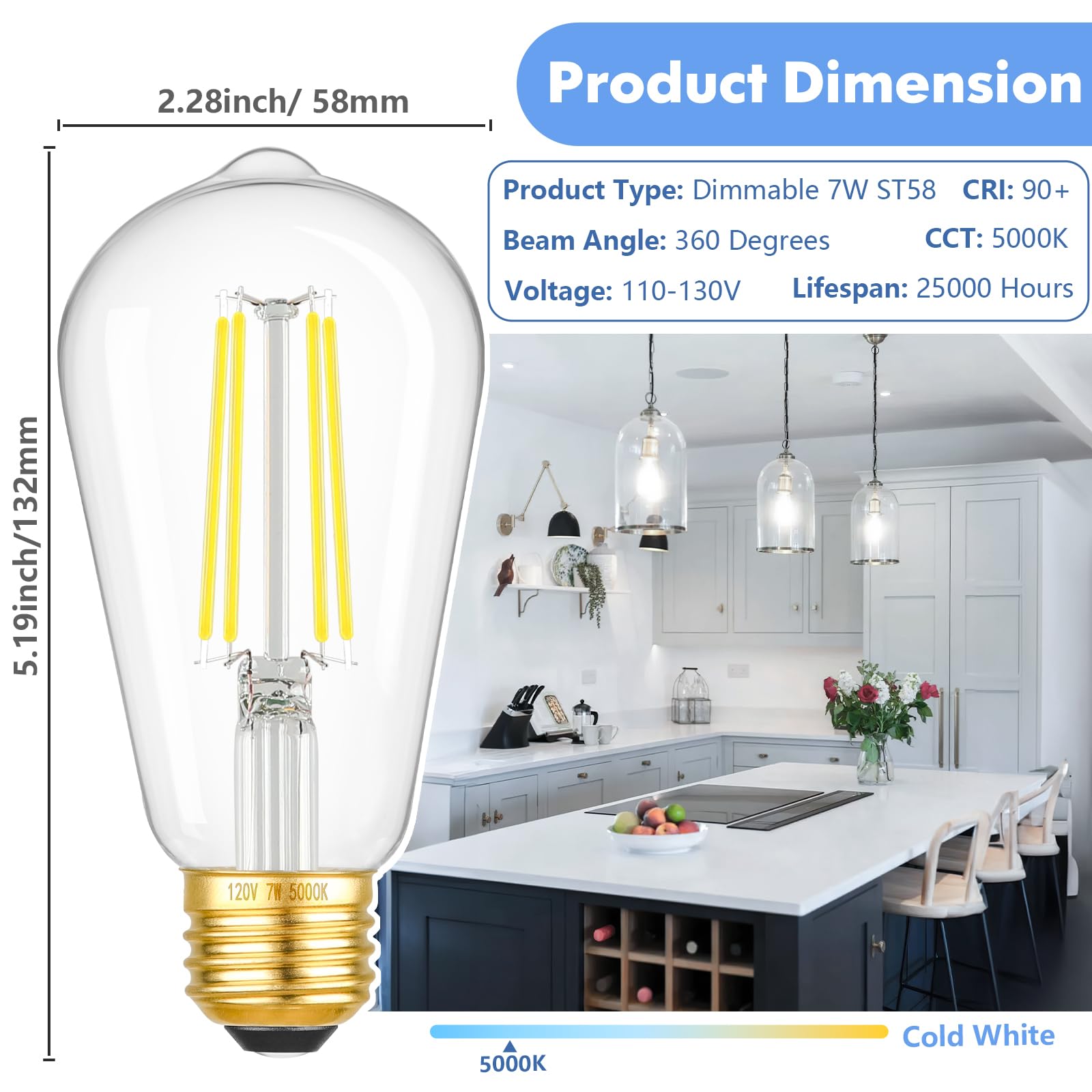 6-Pack Dimmable LED Light Bulbs, 7W 60Watt Equivalent Edison Bulbs, 900LM Ultra Bright LED Bulbs, 5000K Daylight White, ST58 Vintage Antique Bulbs, E26 Medium Base, CRI90+, Clear Glass, No-Flicker