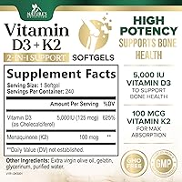 Vista 2 de Vitamin D3 K2 5000 IU Plus with K2 (MK-7) 100 mcg - Vitamins D & K Complex Supplement for Bone, Teeth, Muscle, Calcium Absorption, Supports Immune &