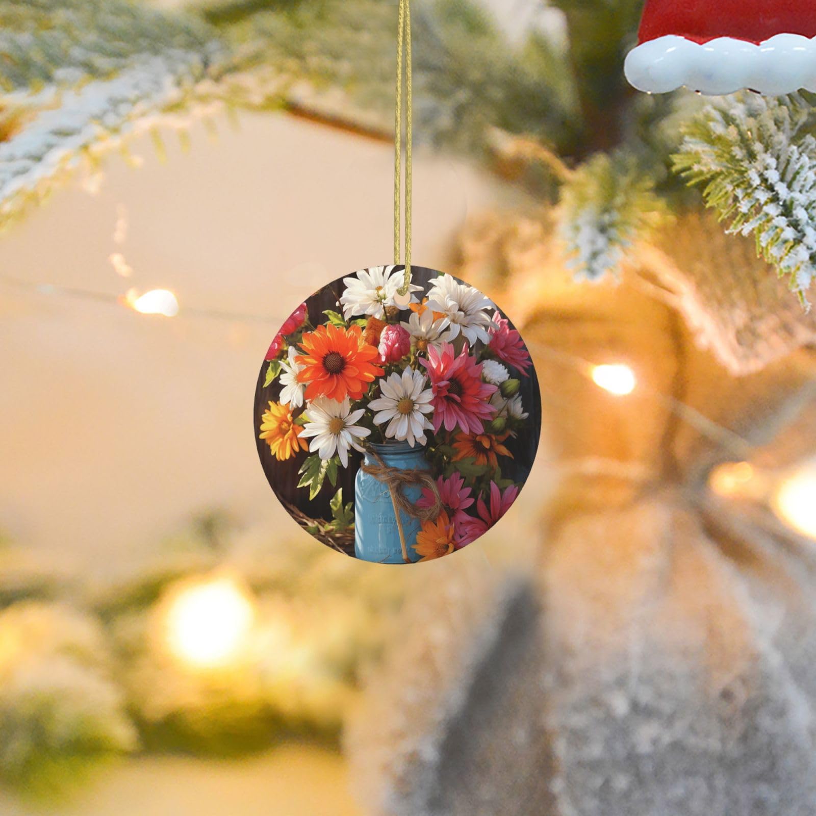 Christmas Tree Ornaments Ceramics Christmas Round Decorations Farm Fresh Flowers Spring Ceramics Ornaments Circle Pentagram Xmas Tree Hanging Pendant for Christmas Tree Party Holiday Home Decor