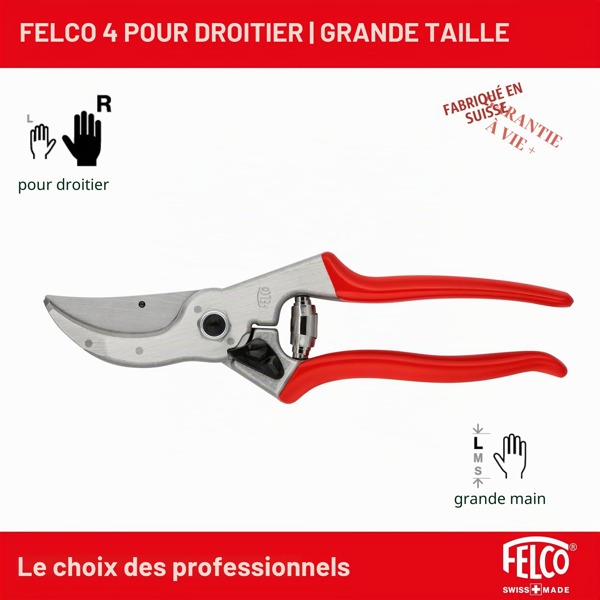 FELCO 4 sécateur droitier grandes mains, taille intensive, coupe 25 mm | Sécateur robuste à lame acier trempé 45 mm, pour un usage quotidien exigeant au jardin et au verger. Swiss Made.