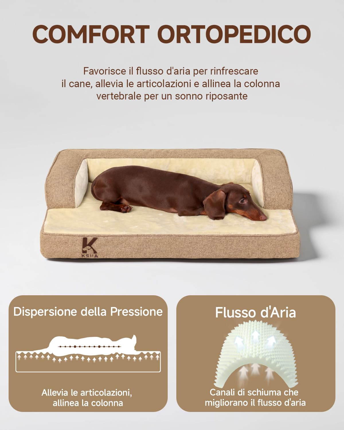 KSIIA Cuccia Cane Interno Cuscino Cane Sfoderabile e Lavabile, Ortopedica e Impermeabile con Base Antiscivolo, Con Cuscino a Forma di U, Marrone, 88x55x15cm