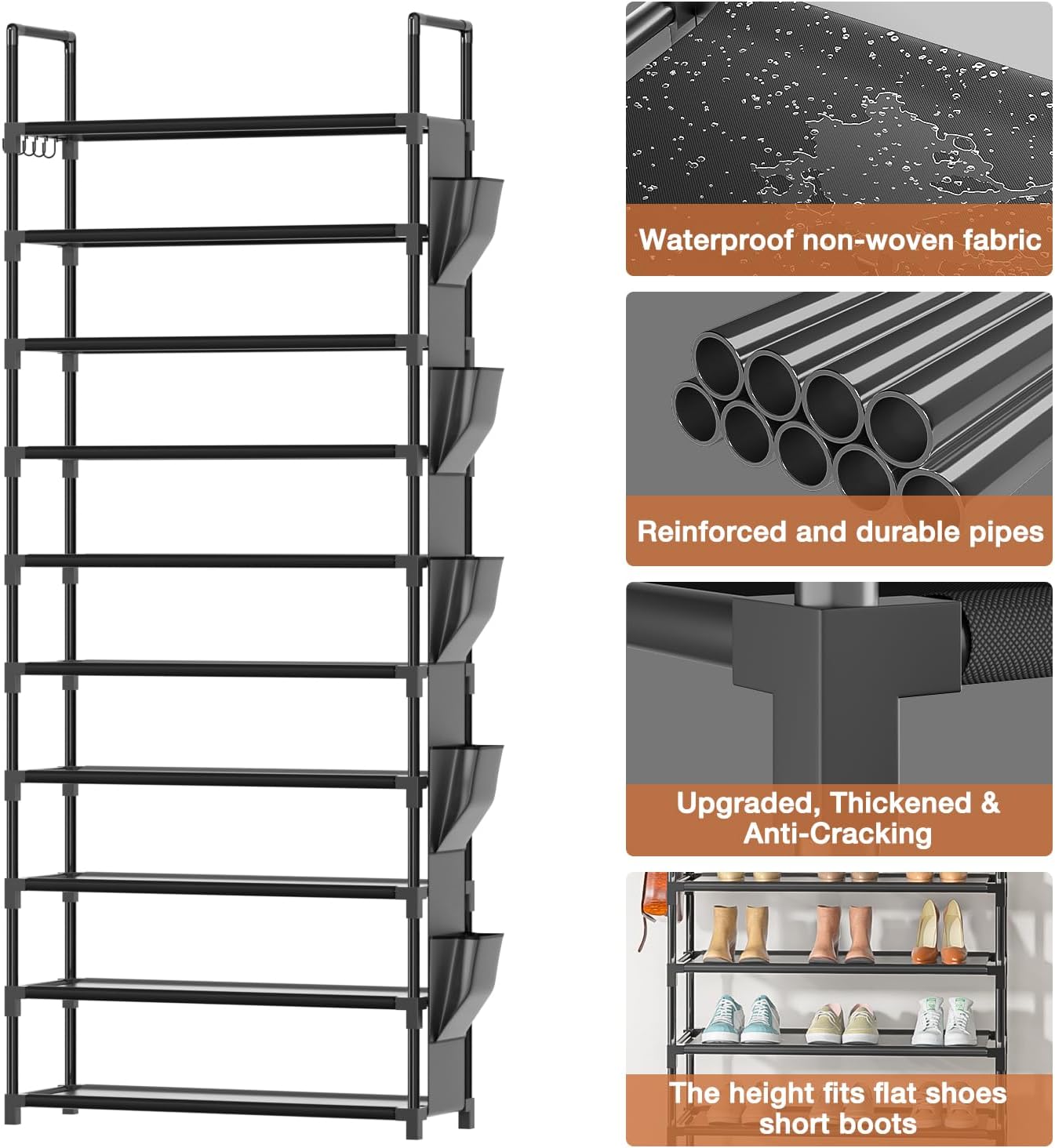 Tall Shoe Rack - 10 Tier Shoe Organizer with Metal Shelf, 5 Hooks, Pocket & Sturdy Stand for Closet Shoes