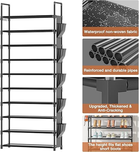 Miniatura 4 de Zapatero alto de 10 niveles para zapatos, estante de almacenamiento de zapatos de metal con 5 ganchos y bolsillo, soporte de zapatos resistente para