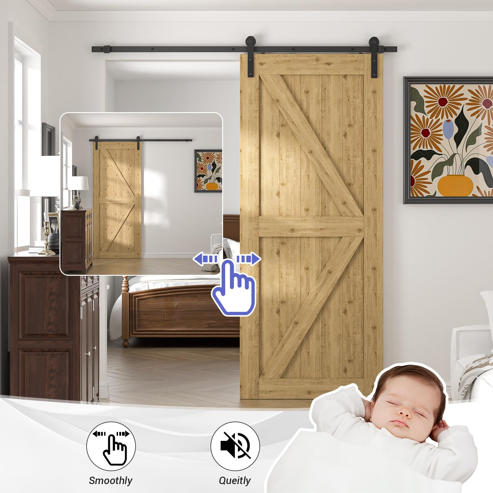 TSMST 6.7FT/202cm Schiebetürsystem Komplett-Set für Schiebetüren,Schwarz Schienen-Kit Passend für eine einzelne Holztür, J-Form