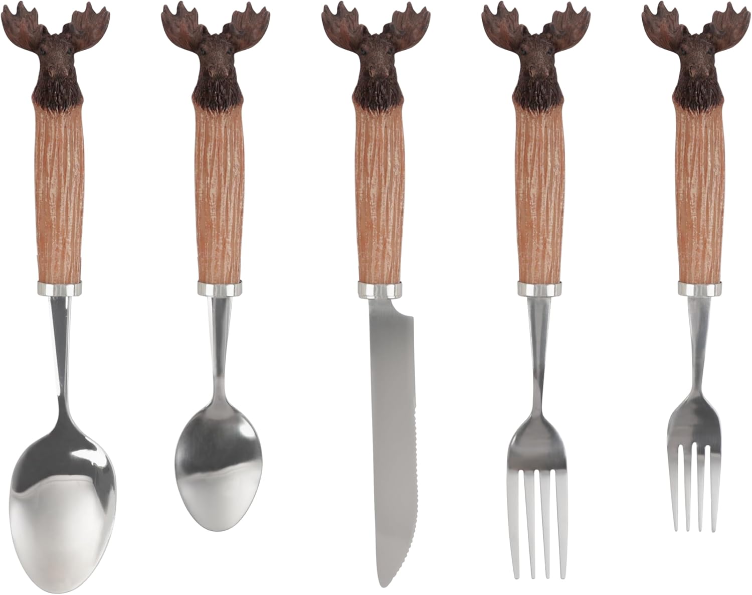 Moose Flatware Set, 5 Piece, Stainless Steel Utensils with Wood-like Handles, Knife, Soup Spoon, Teaspoon, Dinner Fork, Salad Fork