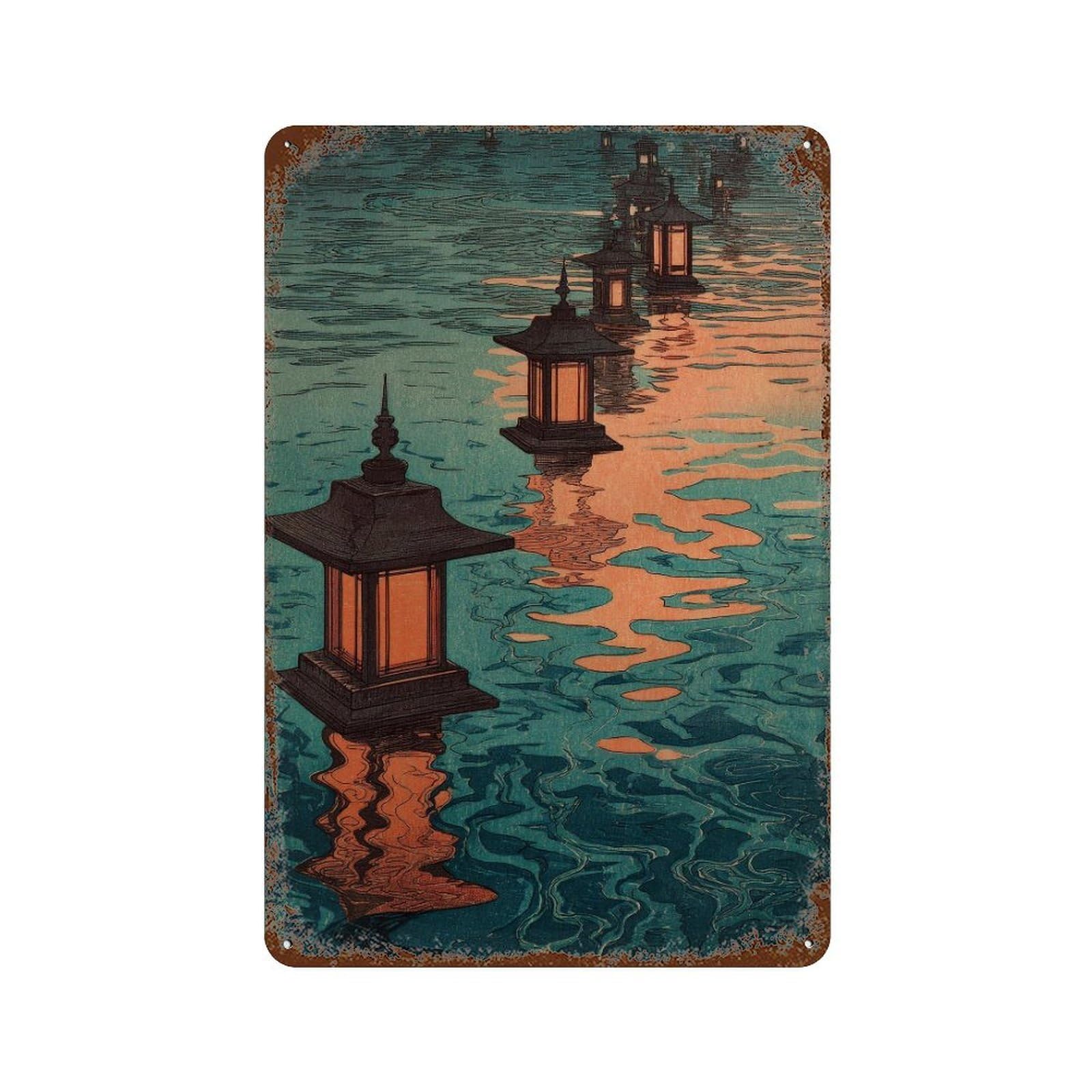xiaoxiaoshen Lanterns On Water. Ukiyo1 Wall Decor Art Metal Tin Poster Modern Home Decor Art Home Bar Shop Decorations Vintage Sign 30x20cm