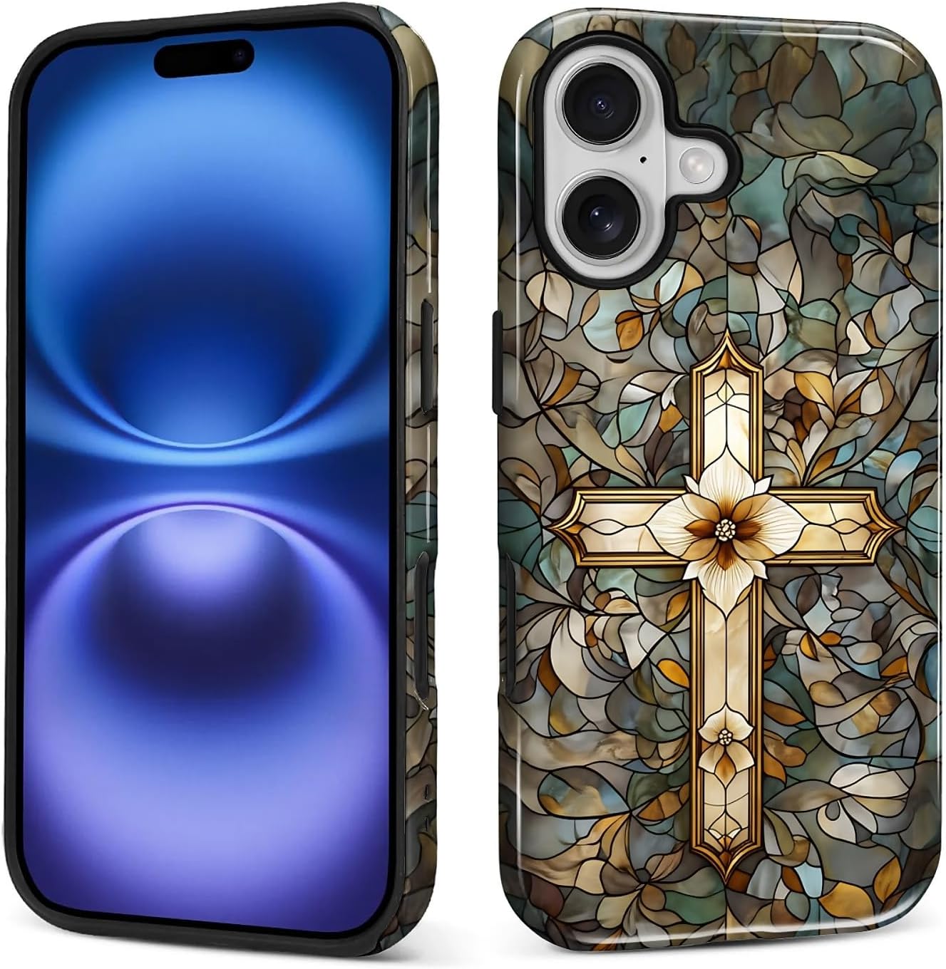 for iPhone 17 Case, Christian Cross Stained Glass Pattern Glossy 2 in 1 Shockproof Bumper Drop Protective Case for Girl Women Boy Men