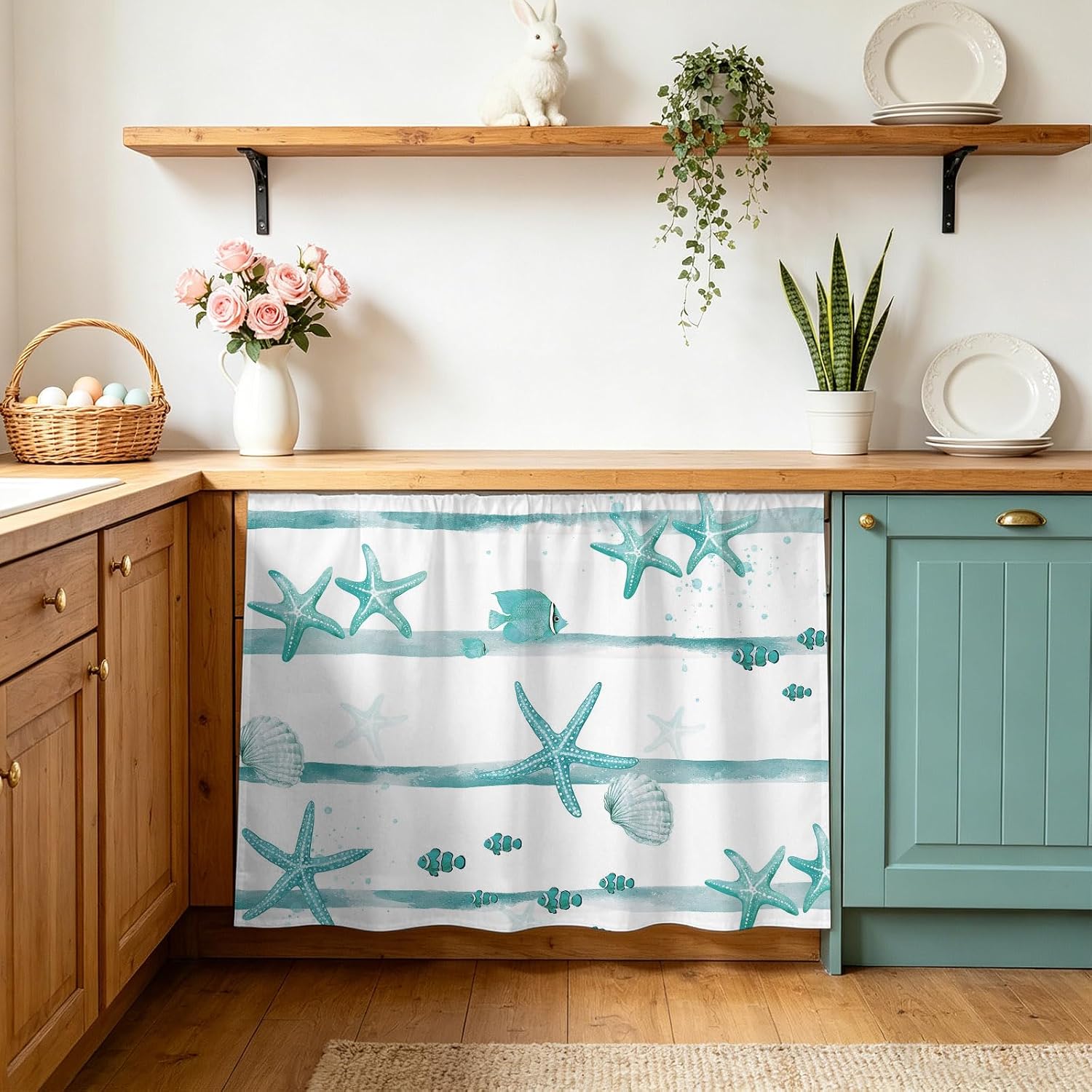 Cabinet Curtain Ocean Starfish Shell Fish Desk Curtain 28x35in, Washable Under Sink Skirt for Kitchen Bathroom Laundry, Watercolor Mint Green Stripes Privacy Self-Adhesive Shelf Curtains