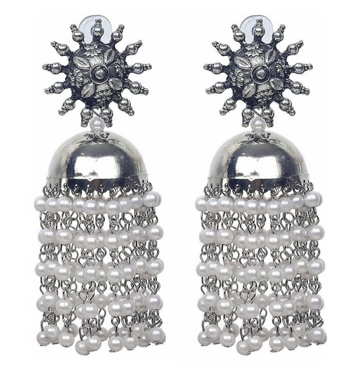 Oxidised Silver Traditional Earring With White Pearl Afghani Long Tassel Sun Shape Bigger Jhumka Jhumki for Women & Girls Pearl Alloy Jhumki Earring (B09RJ78HPX) Amazon Price History, Amazon Price Tracker