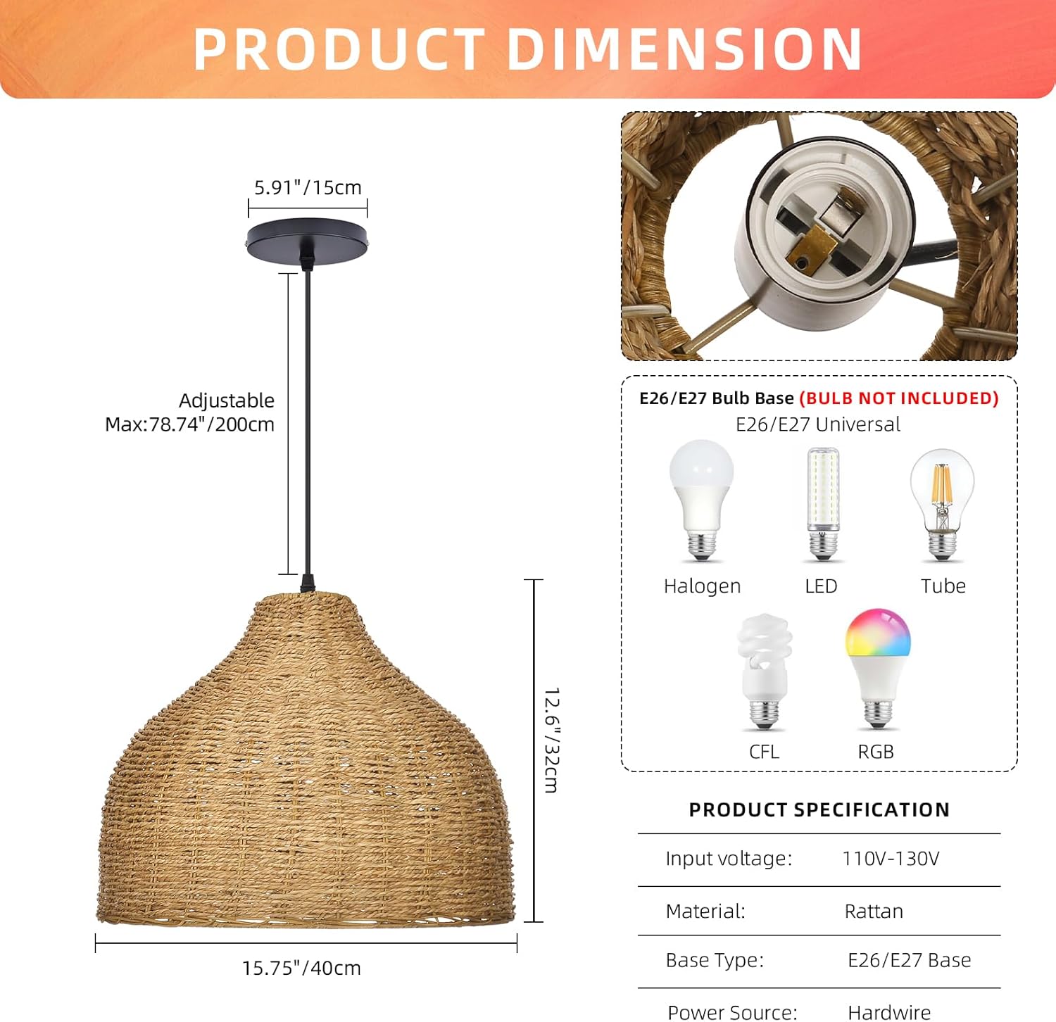 Arturesthome 1 Light Rattan Pendant Light,15.7" Wicker Chandelier Woven Rustic Pendant Lighing Rattan Chandelier for Dining Room Kitchen Island Entryway