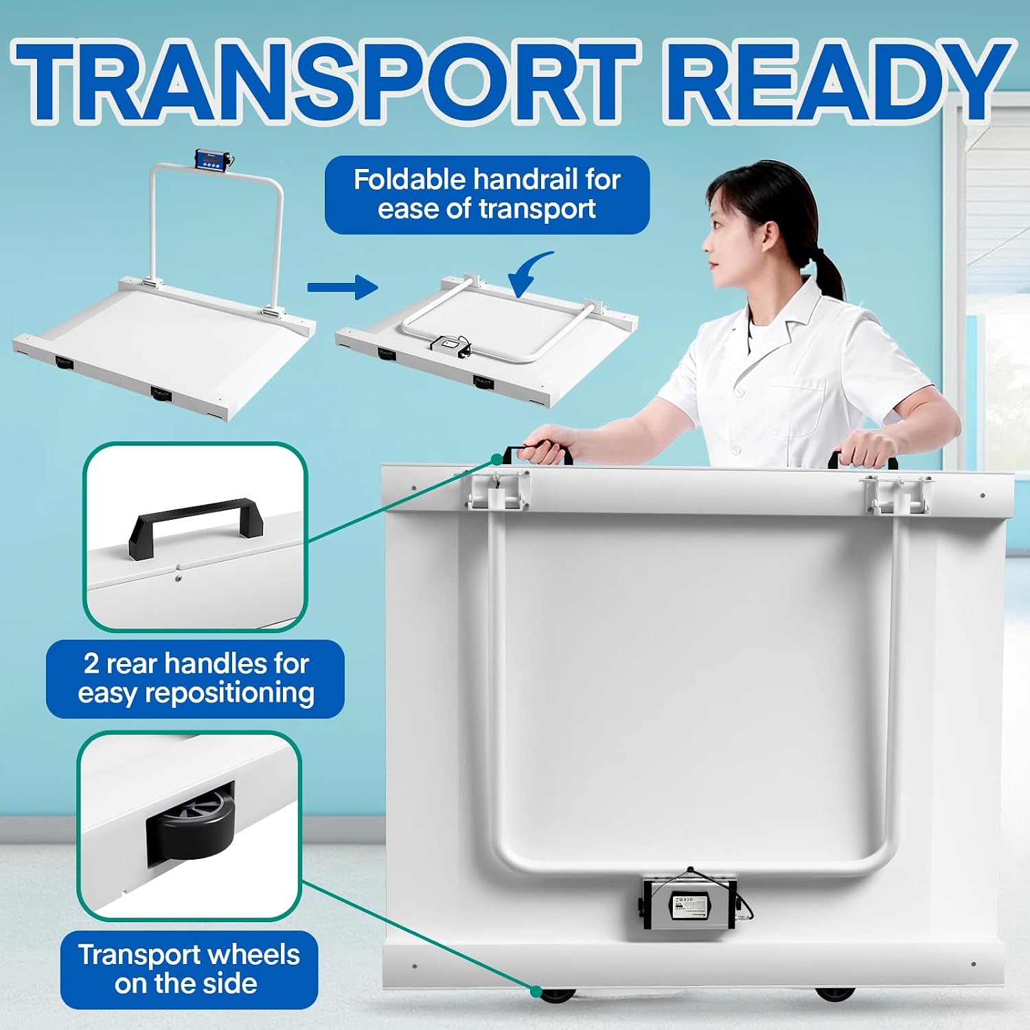 Adamson Wheelchair Scale – 1000 lb / 500 kg Roll-On Chair Scale with Ramp & Handles, Large Platform Medical & Bariatric Floor Scale for Home, Clinic & Facility