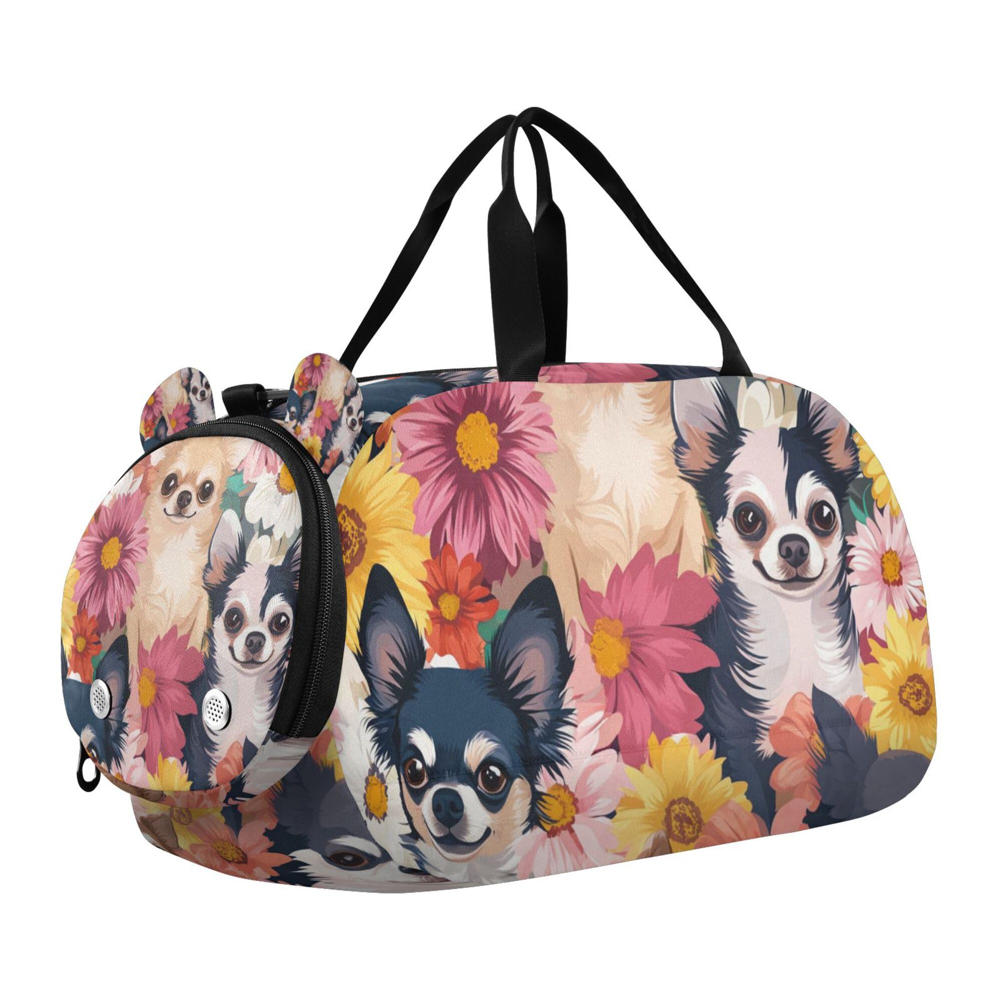 Glaphy Cute Chihuahua Dogs Duffle Bag for Toddler Boys Girls, Gym Sports Bag with Shoe Compartments, Kids Travel Overnight Weekender Shoulder Bag
