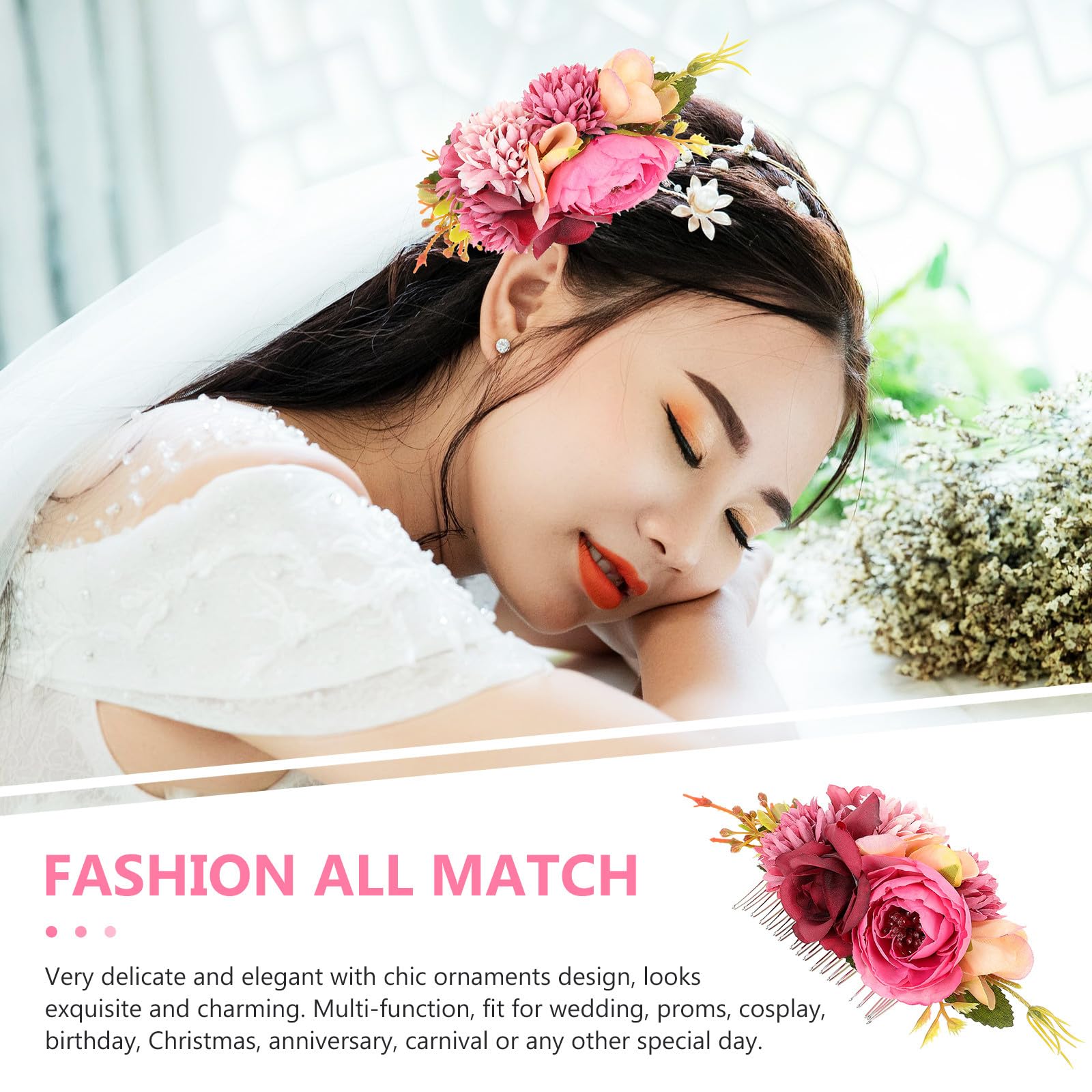 LABRIMP Peineta de Tela Flores Rosa Fucsia, Tocado Floral para Novia y Vacaciones Playa, Diseño Romántico Compacto y Liviano, Accesorio para Boda y Fiestas Obsequios