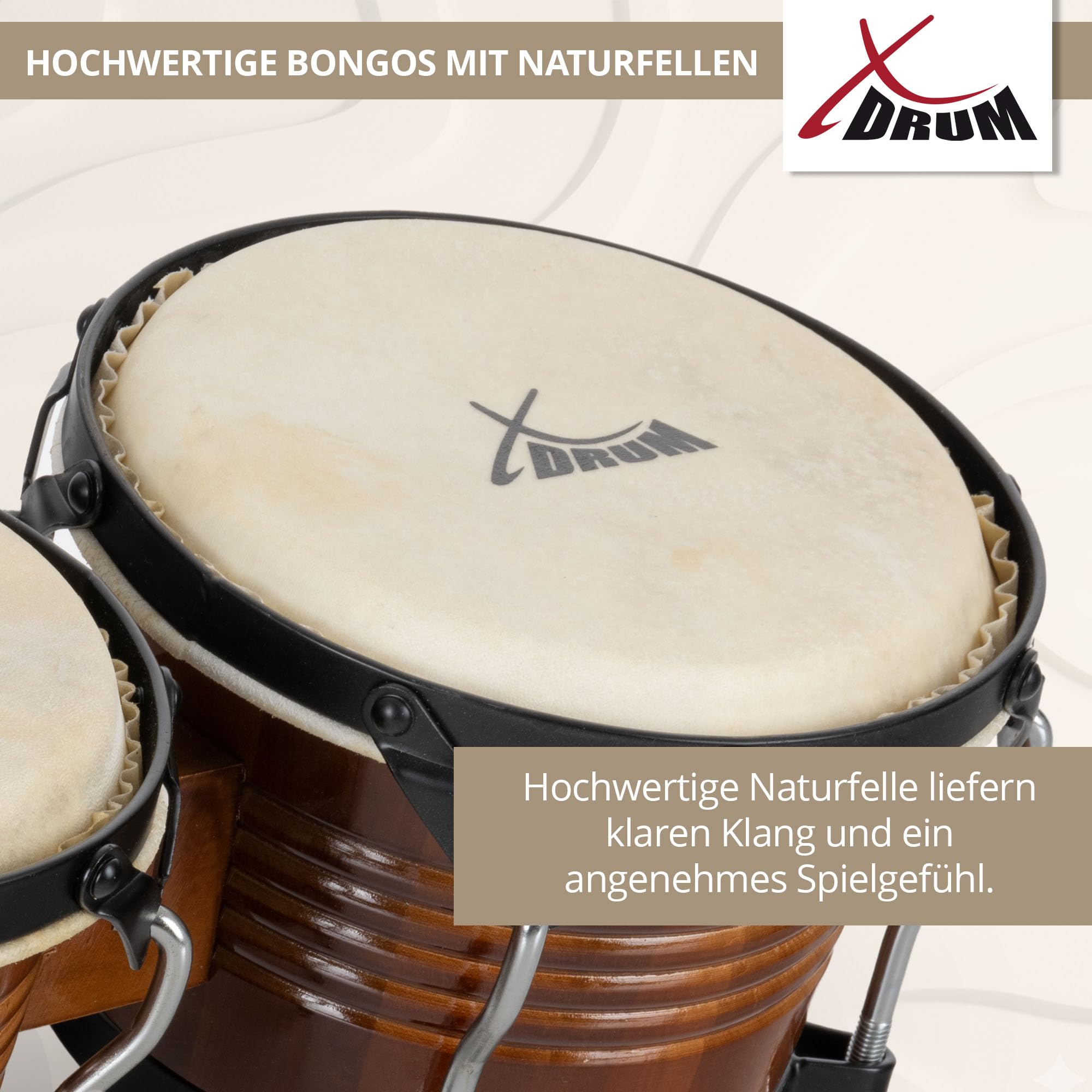 XDrum Bongos Pro Tobacco, 2 tambores ("macho" y "hembra"), 5" (17 cm) y 7 | Tamaños de bongo: 6, 5" (17 cm) y 7, 5" (20 cm), Parches naturales, Madera: abedul, Herrajes cromados, 5 x 41 x 21 cm