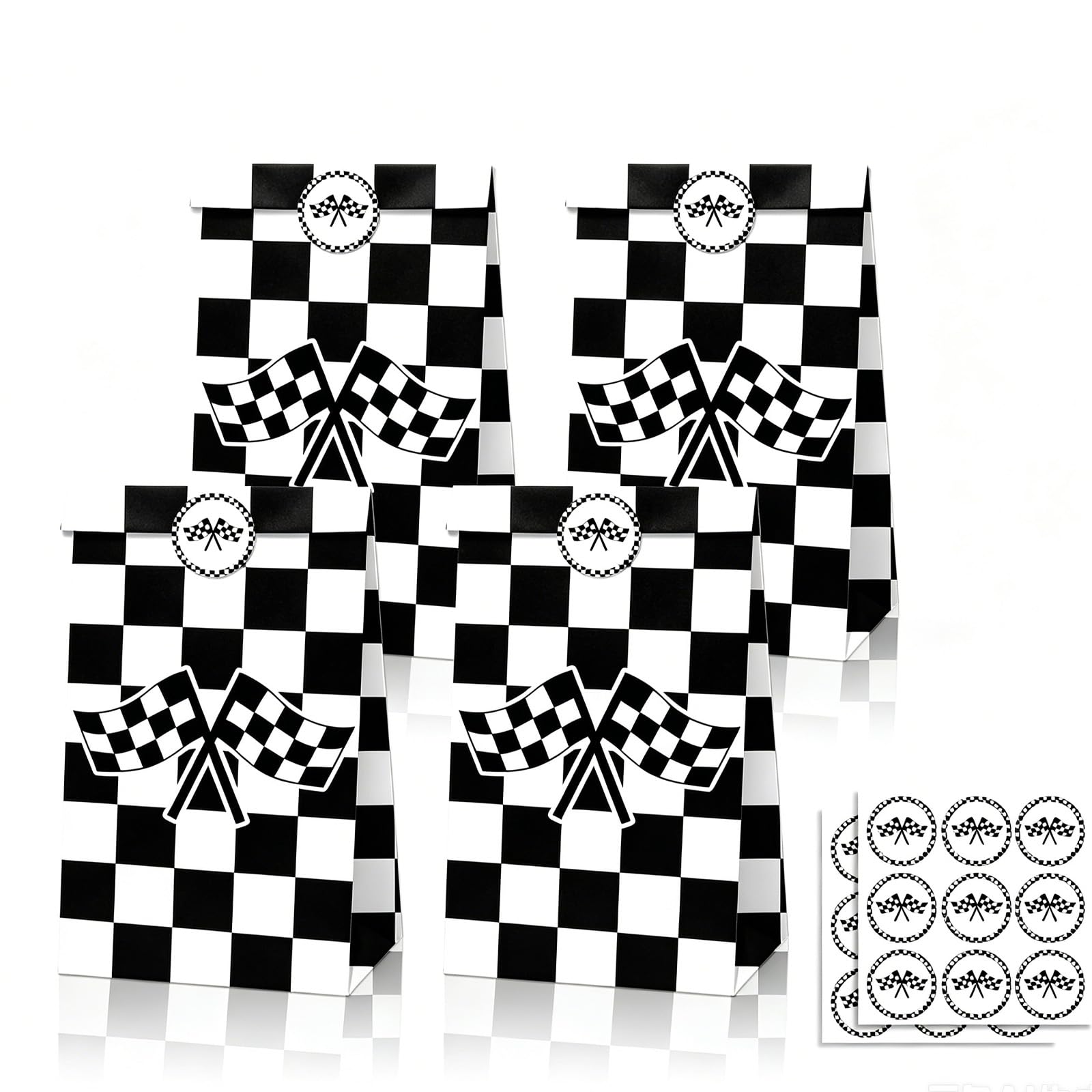 12Pcs Paper Party Bags for Kids Party,22x12x8cm Racing Party Small Gift Bag Candy Goodie Treat Bags with 18 Stickers for Boys and Girls Birthday Black White F1 Flag Theme Parties Bag favours Presents