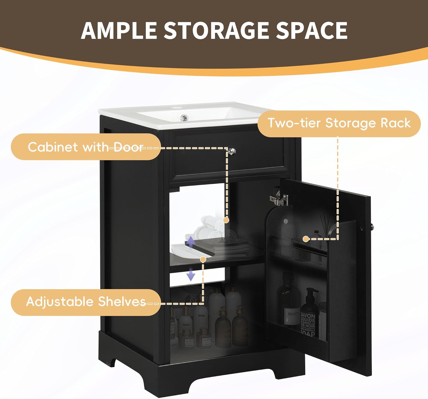 Linique 20-inch Bathroom Vanity with cabinet door open, showing adjustable shelves and door storage