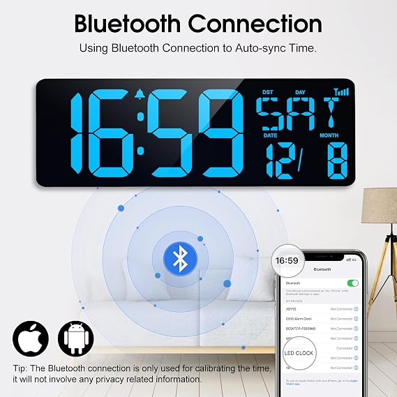 XREXS 17 Inch Digital Wall Clock, Bluetooth Auto-Sync Time, Plug-in
