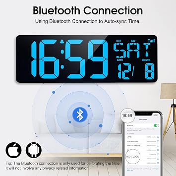 XREXS 17 Inch Digital Wall Clock, Bluetooth Auto-Sync Time, Plug-in