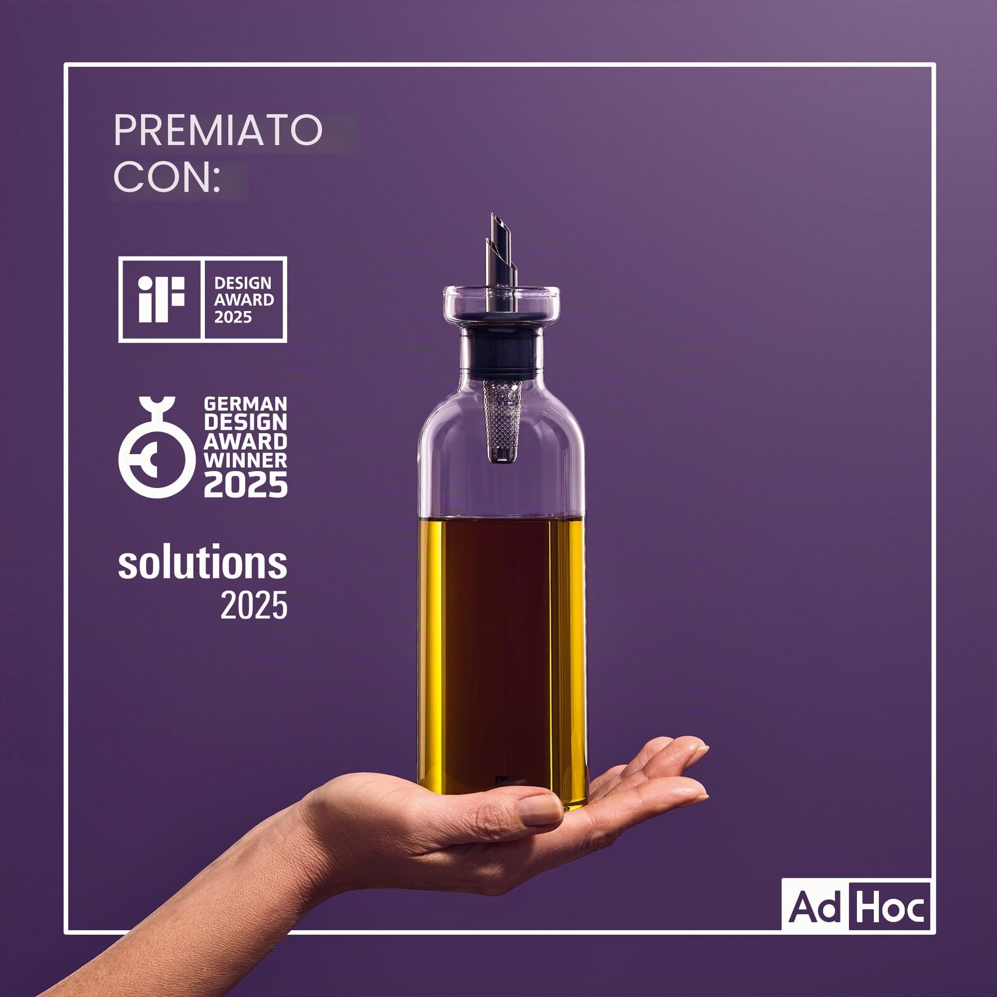 AdHoc AromaPour - Bottiglia in vetro per olio e aceto, 300 ml, dosatore filtrato antigoccia, per olio e aceto, lavabile in lavastoviglie,