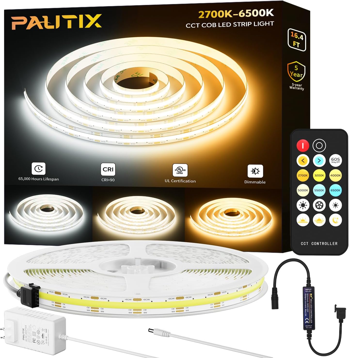 - PAUTIX COB LED Strip Lights 2700K-6500K CCT Tunable White UL-Listed Dotless LED Lights with RF Remote,16.4ft Super Bright Dimmable 24V Tape Light,for Under Cabinets Bedroom Kitchen Office Lighting