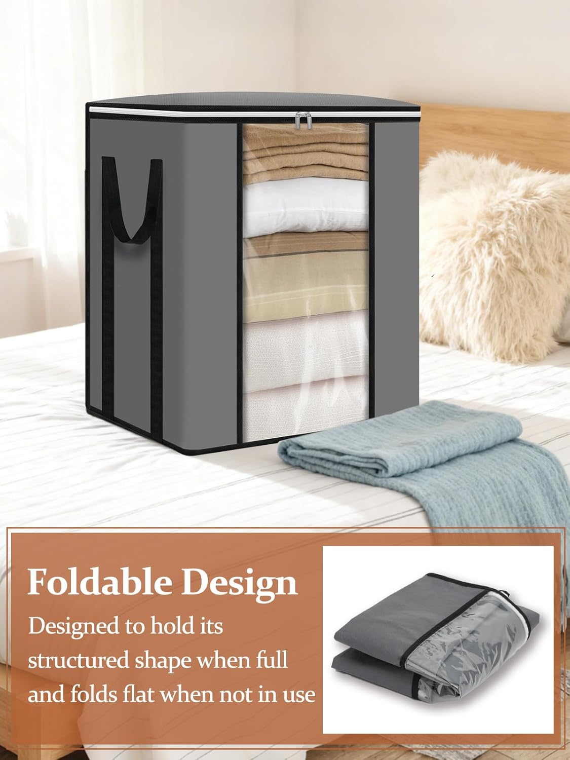 punemi 120L Blanket Storage Bags, Foldable Clothes Storage Organizer with Zipper, Reinforced Handle & Clear windows, Large Storage Bags for Blanket, Comforter, Bedding, Pillow, Clothes, 3Pack, Gray - Image 4