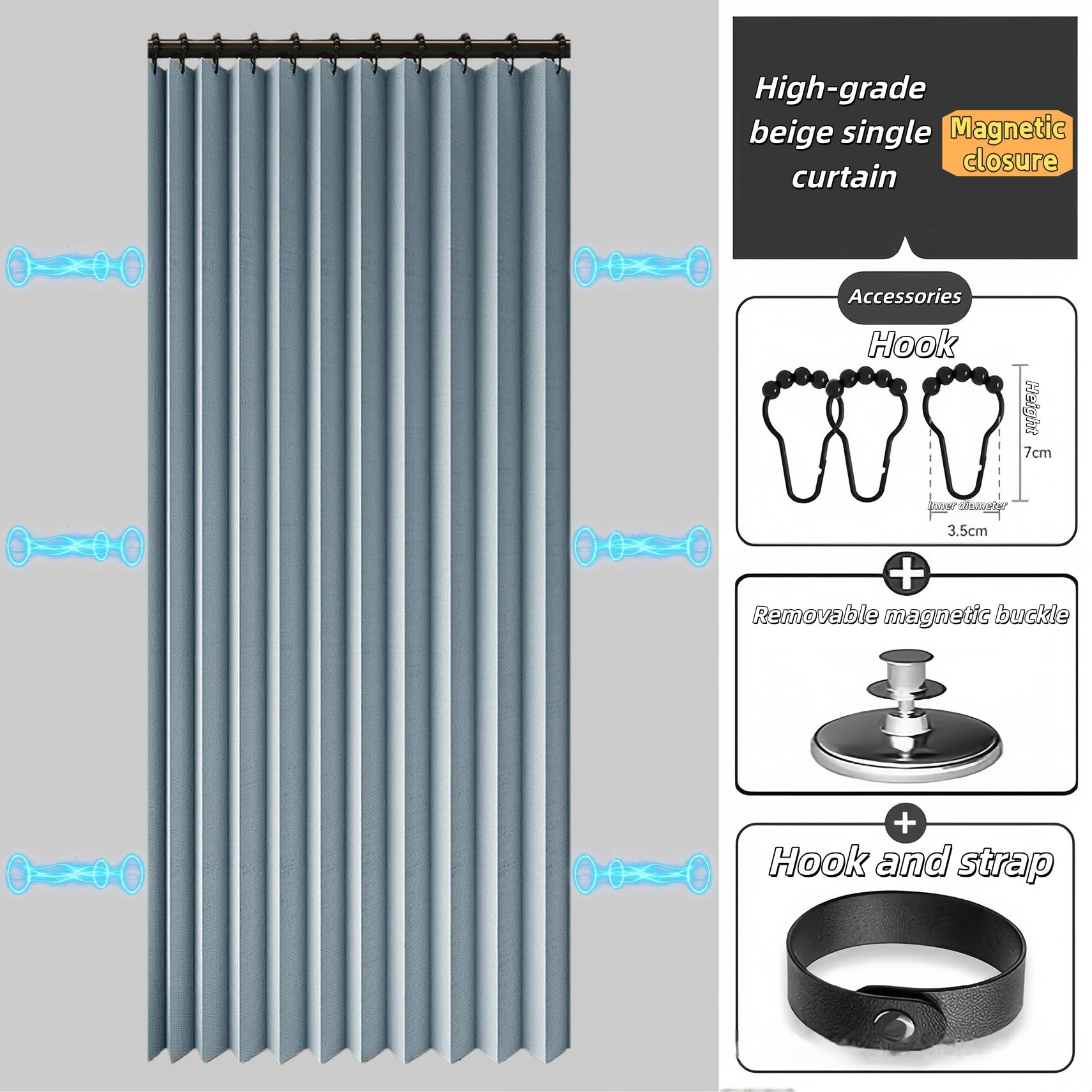 Rideau Séparateur de Pièce 240 x 192 cm Anti Froid et Chaleur Magnétique Impermeable à Oeillets Décoratif Rideau Accordéon Porte pour Chambre, Salon Décoration de Fenêtre, Bleu