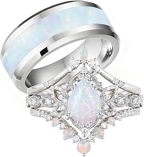Wedding Rings for Him and Her Promise Rings for Couples Matching Men's Opal Band Customized s925 Sterling Silver Bridal Ring Set with Teardrop Pear Cut Opal Engagement Rings Sets