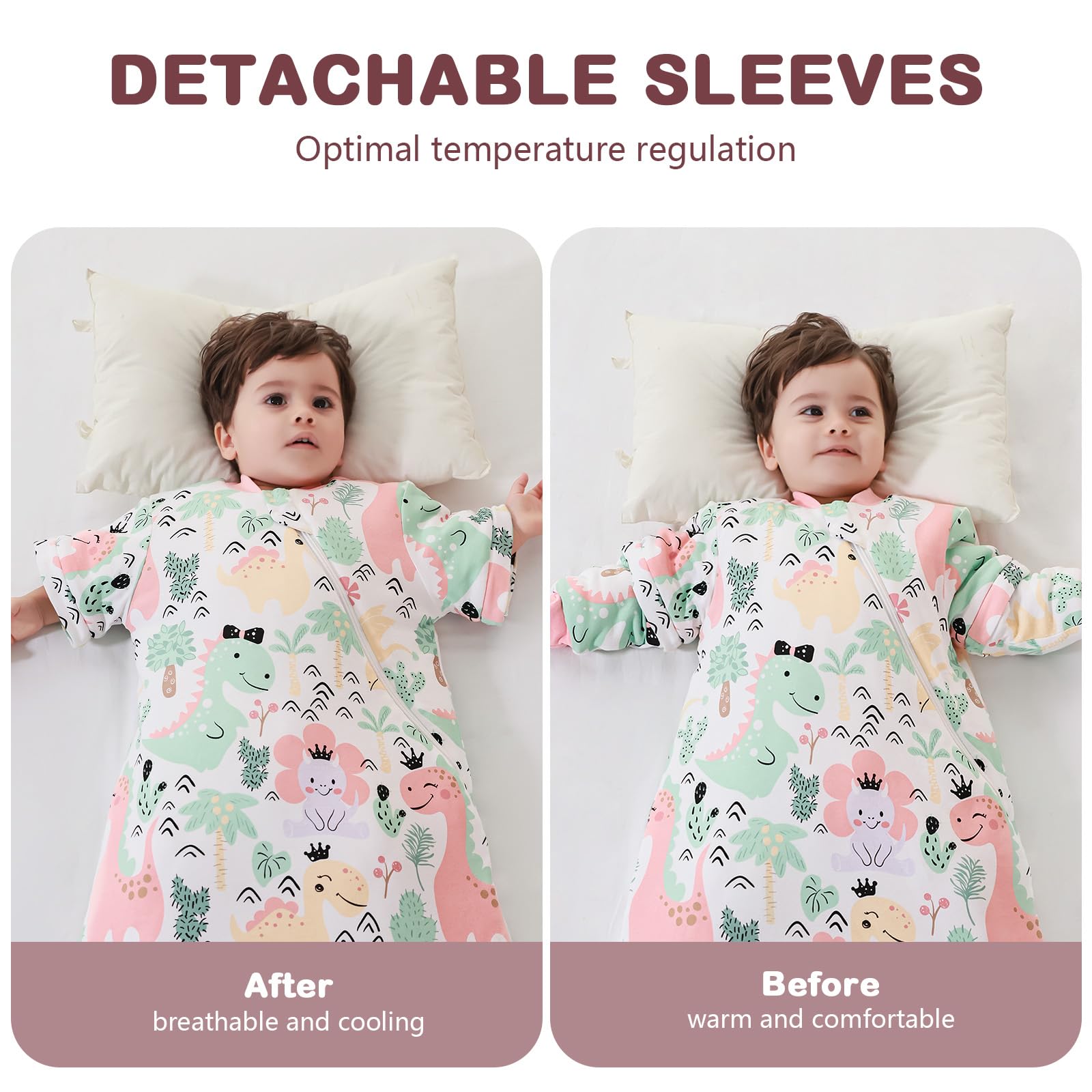 MIKAFEN Sacco nanna invernale per bambini 3,5 tog con maniche rimovibili, 100% cotone sacco a pelo con braccia,Regina dei dinosauri 6-14 mesi