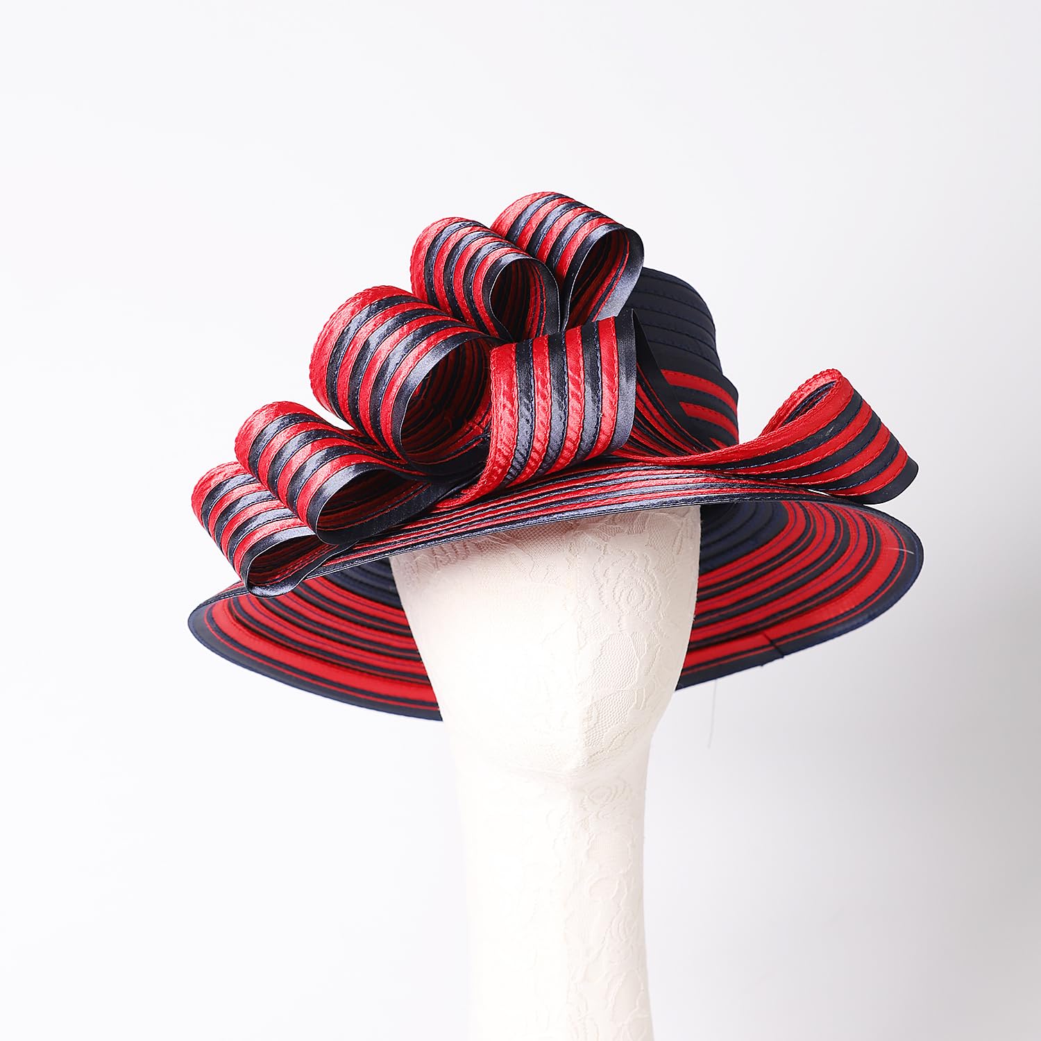 Women's Wide Brim Fedora Hat - Flat Top Sun Hat for Wedding,Bridal,Derby & Tea Party Church Events | Bowler Style with Elegant Ribbon Navy Blue