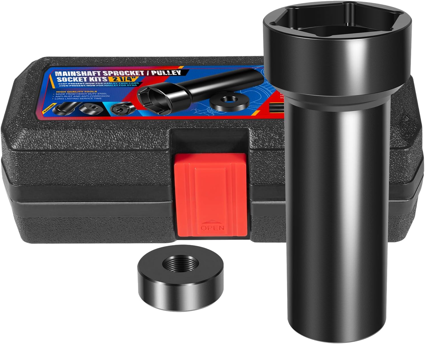 2-1/4" Mainshaft Pulley Wrench Tool Kit with Storage Box,Fit for Harley Davidson Twin Cam,Dyna,Electra Glide,Heritage Softail (2006-up)- Main Shaft Sprocket Lock Nut Socket with Threaded Bushing