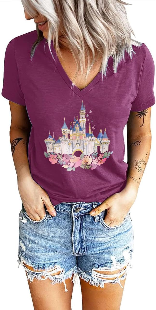 Magical Kingdom Shirt for Women V Neck Castle Cute Graphic Tee Tshirt Vacation Short Sleeve Tops