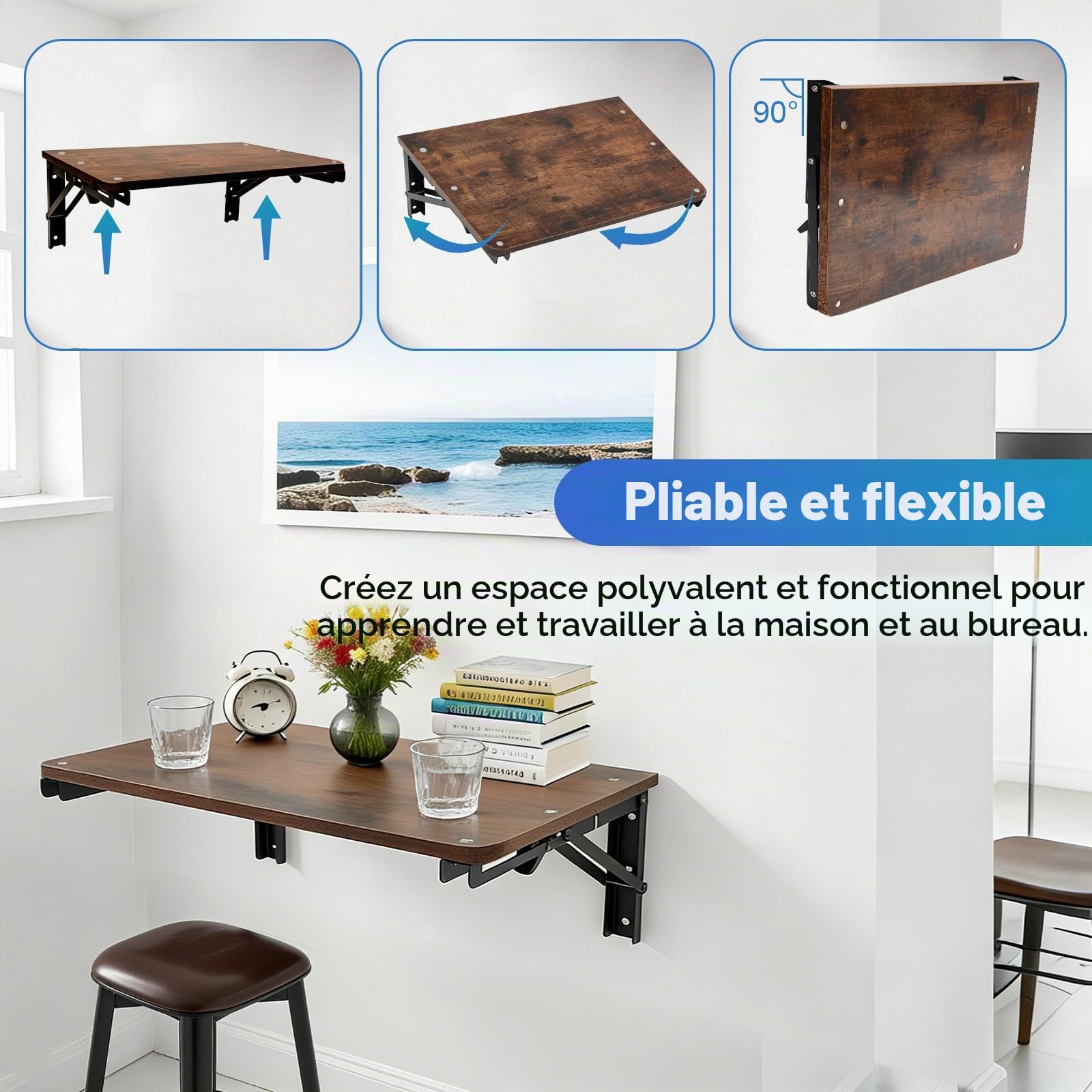 Étagère Murale Rabattable en Bois pour Petits espaces, Étagère Flottante Pliable pour Bureau, Salon, Chambre à Coucher, Cuisine, buanderie, Tablette Murale avec Console Pliante,55x30cm