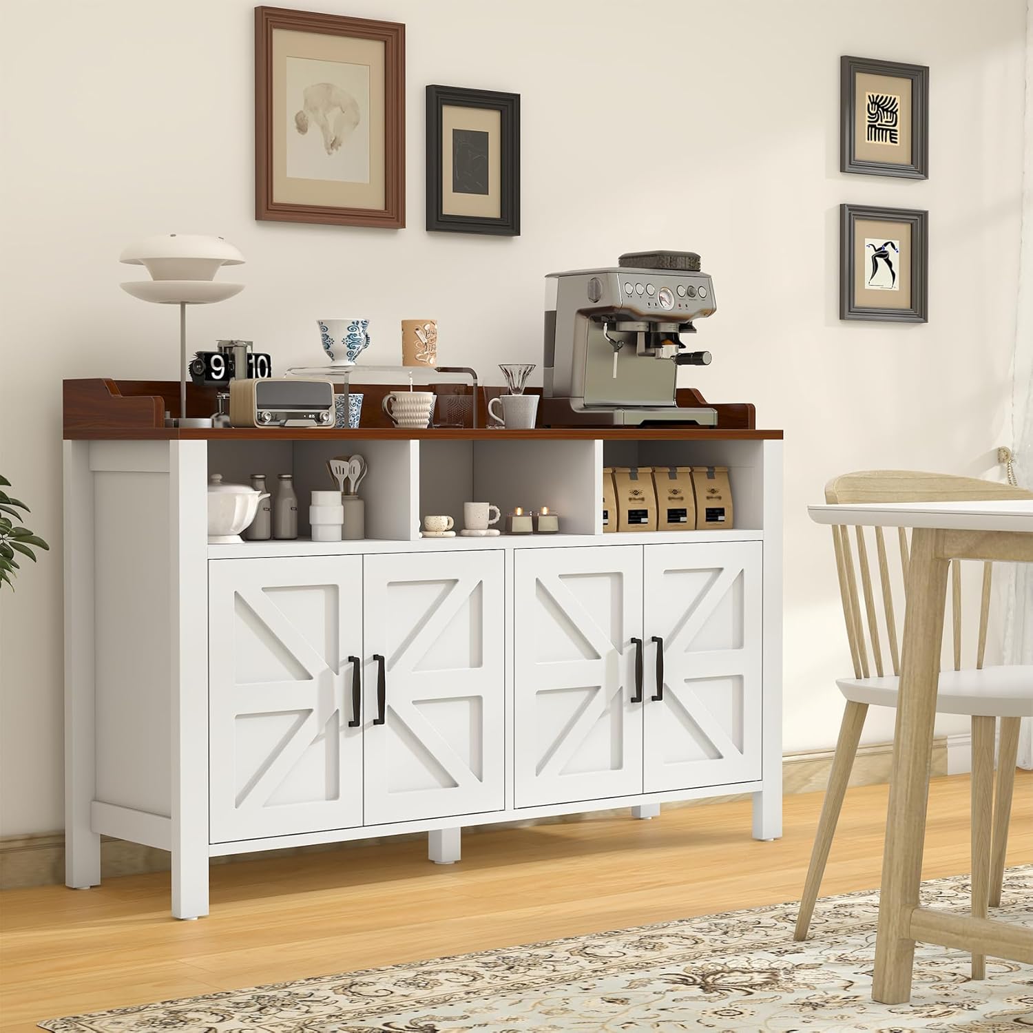 Buffet Cabinet with Storage Farmhouse with 4 Doors and 3 Open Compartments, 55'' Large Kitchen Storage Cabinet White Wood Coffee Bar Buffet Sideboard for Kitchen, Dining Room, Living Room White/Wood