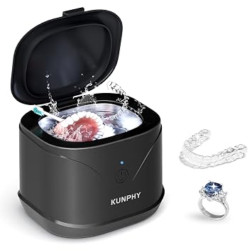 Ultrasonic Retainer Cleaner, KUNPHY 46KHz Professional Ultrasonic Cleaner 7.5Oz, Retainer Cleaner Machine for Dentures, Braces, Aligner, Dental Appliances Black