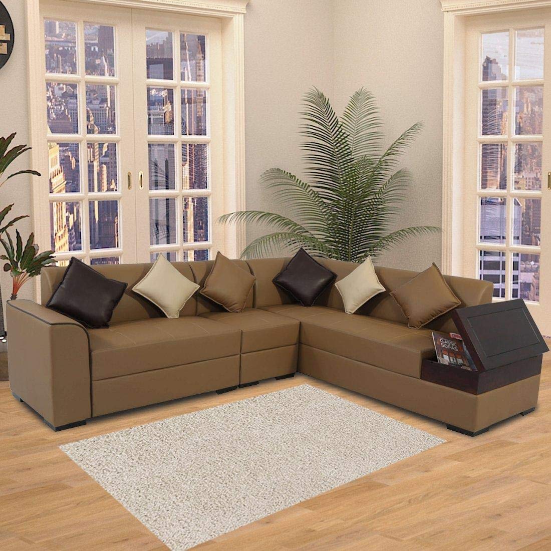 RJKART Leatherette Latvia RHS L-Shape 6 Seater Sofa for Home (Tan Brown) - by Elegante HOMEZ