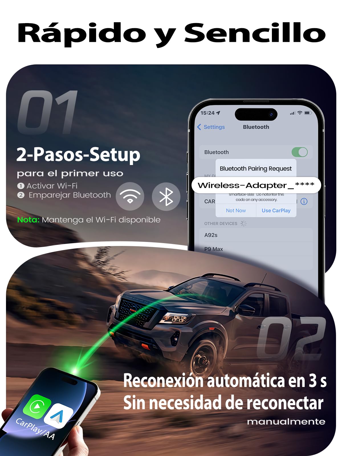 Adaptador CarPlay Inalámbrico, Cambio de Usuario con Botón, Android Auto Inalámbrico, 2026 Extra Pequeño, Conexión Estable sin Sobrecalentamiento, Compatible iOS 10+ y Android 10+, USB-A/USB-C
