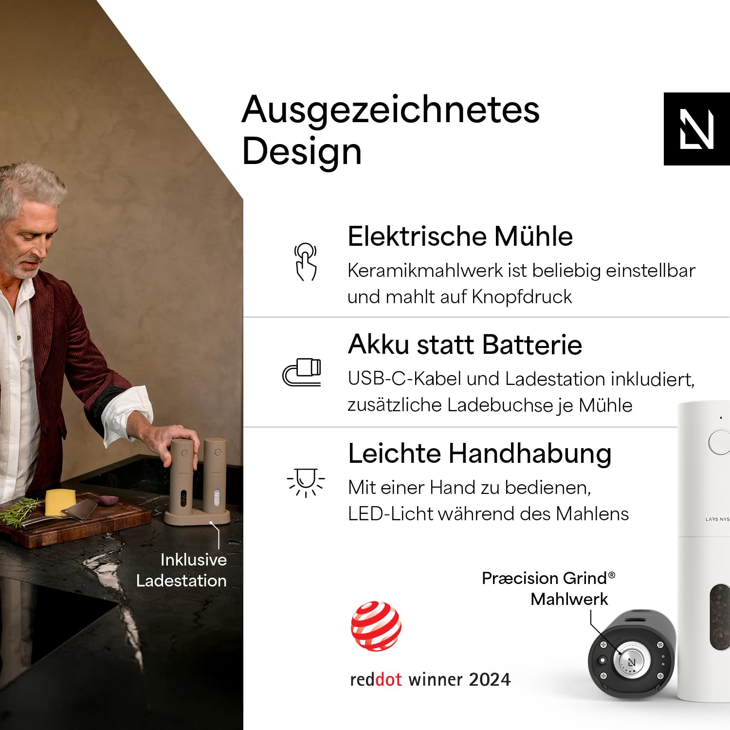 LARS NYSØM Salz und Pfeffermühlen Elektrisch Set I Keramikmahlwerk fein bis grob I USB Wiederaufladbar mit Ladestation I Automatische Salz und Pfefferstreuer I Gewürzmühlen Set (Black/White)